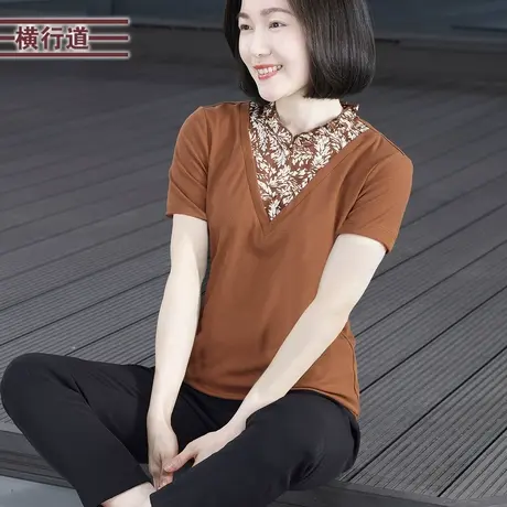 假两件拼接碎花短袖半袖打底衫夏装新款T恤上衣纯色体恤女装韩版图片