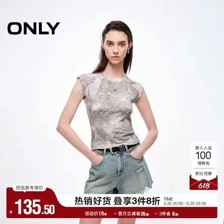 ONLY2025夏季新款潮酷牛仔印花立体剪裁拼接修身亲肤无袖T恤女图片