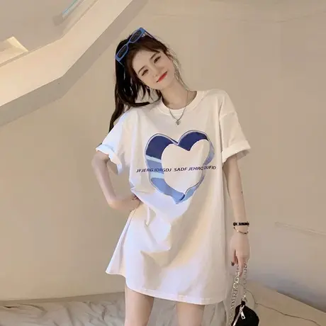 潮牌白色下衣失踪t恤女短袖2025新款夏季大版宽松中长款纯棉上衣图片