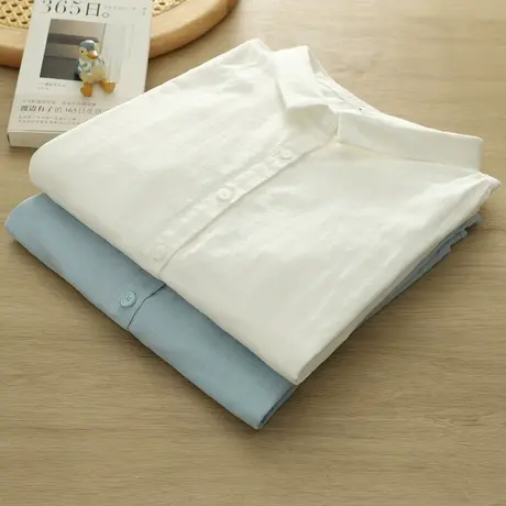 夏季韩版文艺双层棉纱中袖白衬衫女宽松休闲五分袖上衣百搭小清新商品大图