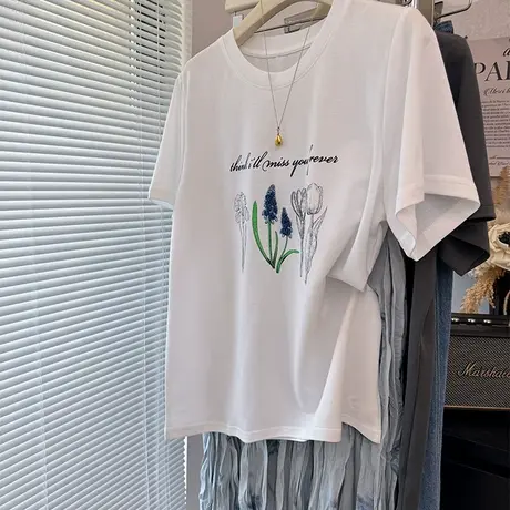 复古宽松休闲钉珠拼接花朵印花短袖T恤女薄 白色深灰色体恤上衣图片