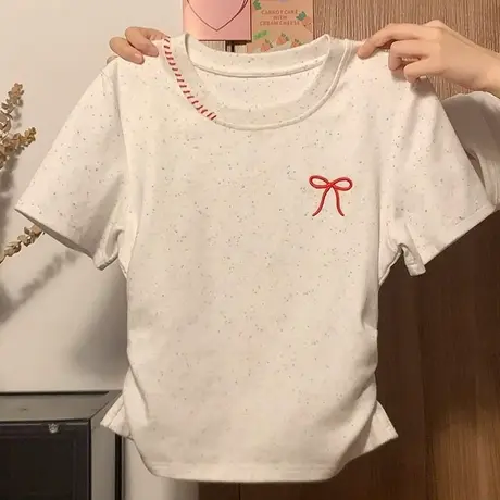 蝴蝶结刺绣短袖T恤女夏季韩版修身内搭打底衫短款正肩收腰上衣潮商品大图