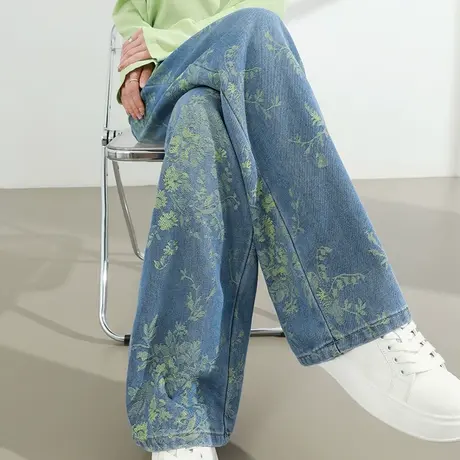 莱赛尔天丝提花印花阔腿牛仔裤女夏季薄款高级感高腰垂感直筒长裤商品大图
