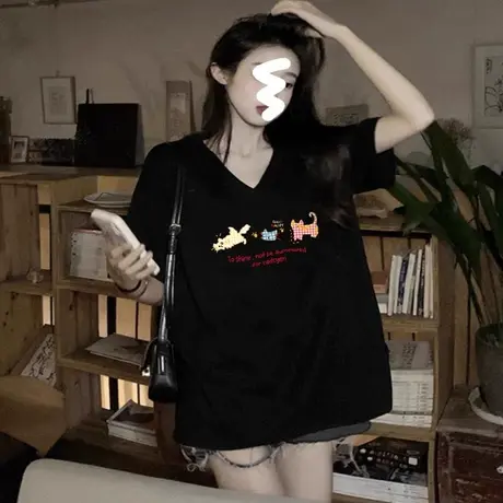 oversize竹节棉t恤正肩短袖v领ins潮大码女装超火减龄胖mm上衣女商品大图