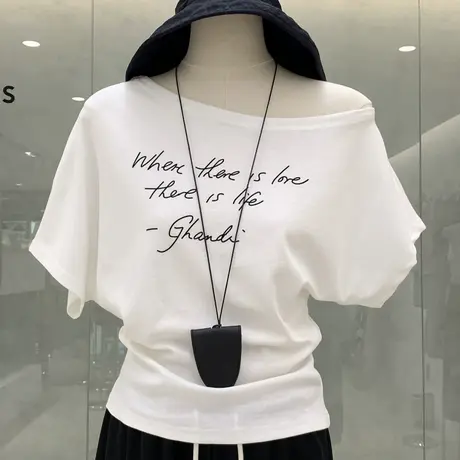 美式辣妹字母植绒斜肩短袖T恤女装2025新款露肩松弛感设计感上衣图片