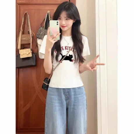 圆领正肩短袖t恤女白色夏季修身显瘦打底美式甜辣设计感小上衣ins商品大图