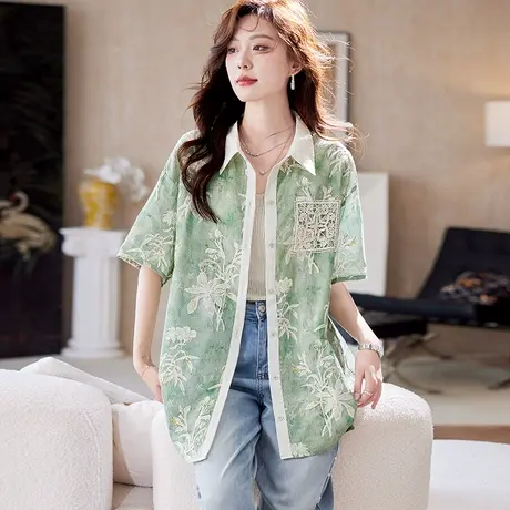 宝诗黎中长款宽松刺绣衬衫外套2025夏季韩版气质休闲百搭短袖衬衣图片