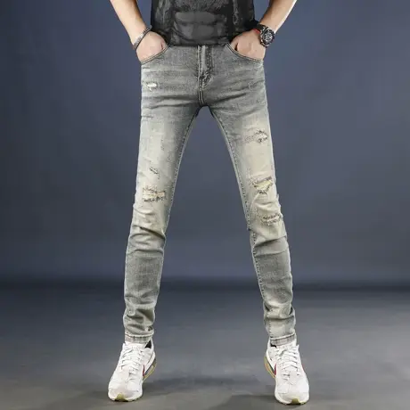 破洞补丁牛仔裤男款修身小脚水洗2025新款男士百搭夏季薄款长裤商品大图