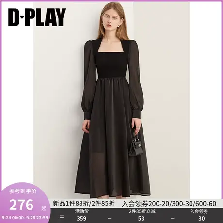 DPLAY2023冬法式复古美背方领针梭拼接经典黑连衣裙小黑裙轻礼服商品大图