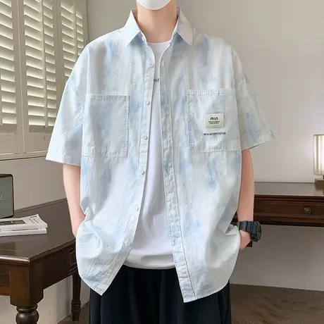 纯棉短袖衬衫男夏季时尚扎染印花衬衣2025新款潮流帅气品质上衣服图片