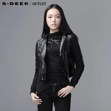 sdeer圣迪奥女装铆钉连帽女PU拼接短夹克外套3382274图片