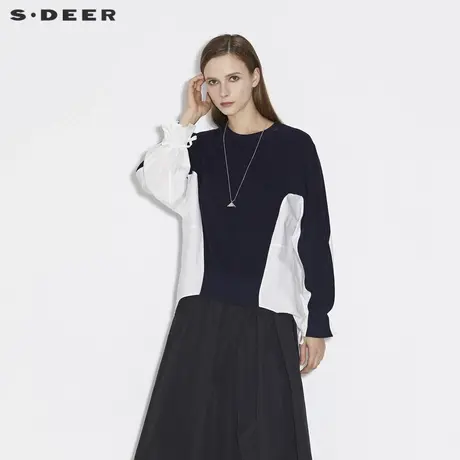 sdeer圣迪奥女装春秋装宽松圆领拼接长袖毛衣针织衫女S21383516图片