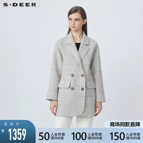 sdeer圣迪奥2021秋冬新品通勤格纹中长款双面呢西装大衣S21481707图片