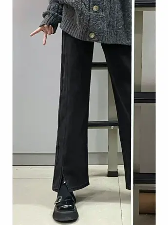 开叉直筒牛仔裤女小个子秋冬设计感高腰显瘦复古美式高街休闲裤商品大图