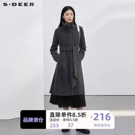 sdeer圣迪奥女装立领收腰仿羊羔绒长款大衣S223Z1856图片