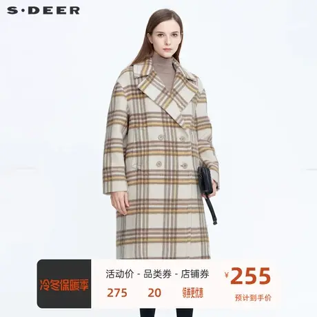 sdeer圣迪奥冬季新款时尚翻领双排扣格纹中长款毛呢大衣S20461823图片