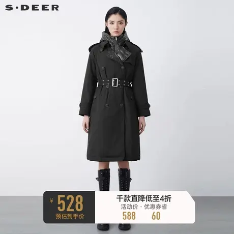 sdeer圣迪奥冬装个性高领连帽双排扣收腰长款羽绒服女S21482425图片