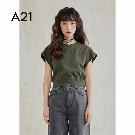 A21女装圆领短袖t恤夏季橄榄绿美式复古做旧设计感上衣女生商品大图