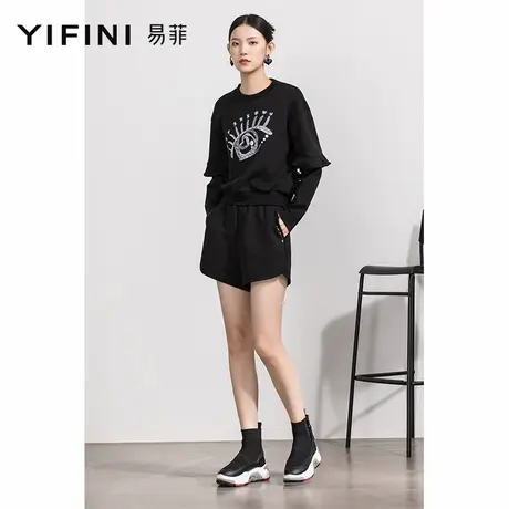 Yifini/易菲休闲运动宽松短裤女春秋新款松紧腰黑色直筒裤子商品大图