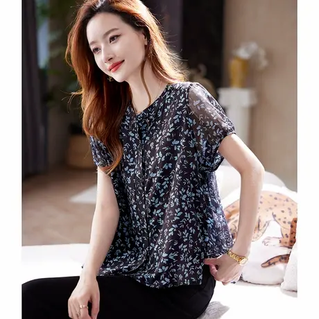 宝诗黎圆领印花短袖雪纺衫女2025夏季时尚百搭洋气休闲小衫上衣图片