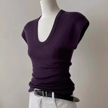 u领小飞袖冰丝针织正肩短袖t恤女夏季设计感小众修身气质辣妹上衣图片