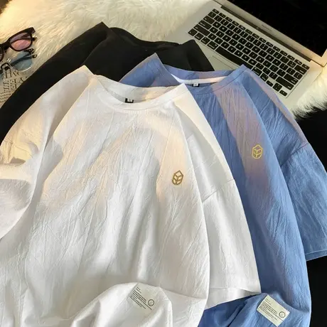 夏季亚麻短袖速干t恤男士港风刺绣冰丝大码宽松潮牌男款休闲体恤商品大图