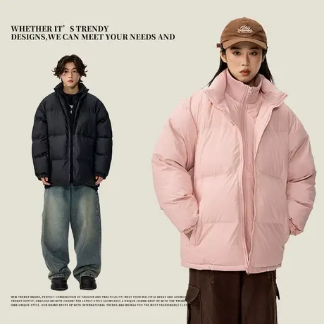 国潮纯色假两件立领棉衣美式男女士2024新款冬季加厚慵懒风面包服图片