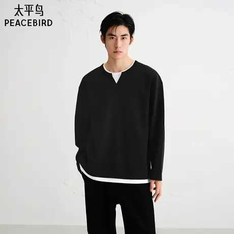 太平鸟男装T恤25秋季新款亨利领重磅长袖衫阔版假两件宽松打底衫图片