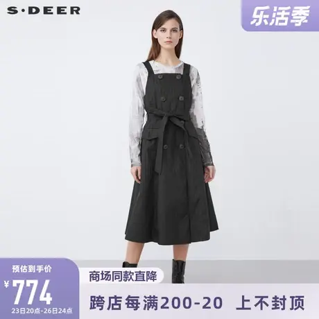 sdeer圣迪奥女装春秋装复古休闲双排扣收腰背带连衣裙S21381212商品大图