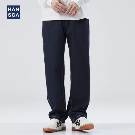 hansca秋季美式复古牛仔裤男士直筒阔腿垂感长裤潮牌宽松休闲裤子商品大图