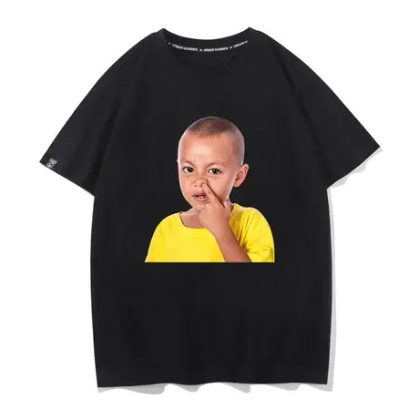 2022年夏季新款复古小孩抠鼻人像印花黑色短袖t恤衫宽松纯棉百搭图片