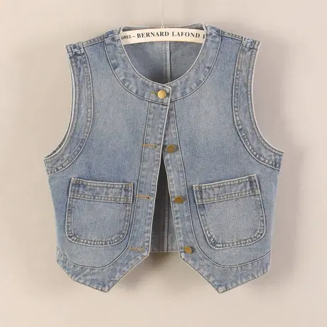 牛仔马甲背心女短款复古圆领休闲春秋新款无袖外套口袋外搭连衣裙商品大图