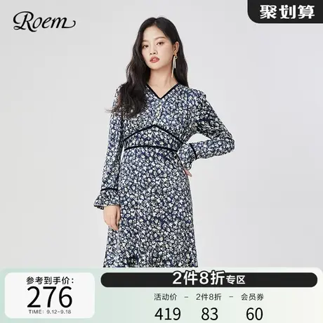 Roem商场同款休闲淑女连衣裙秋冬韩版淑女气质印花连衣裙女图片