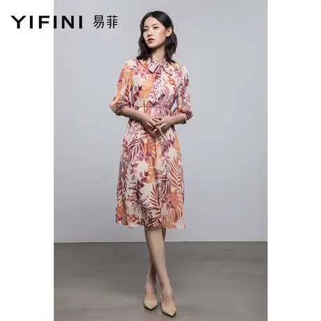 Yifini/易菲年夏季新款大码碎花连衣裙女气质宽松七分袖薄款商品大图