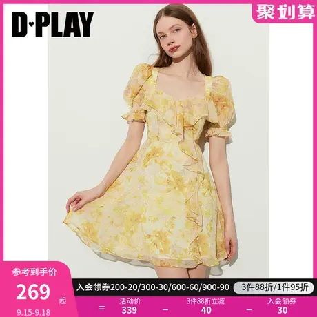 DPLAY2023度假风法式黄调印象花园荷叶边泡泡袖短款印花连衣裙商品大图