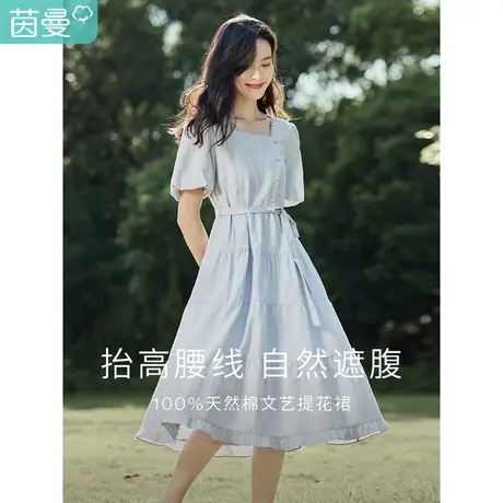 茵曼2023春女装新款时尚法式方领收腰纯棉提花肌理泡泡袖连衣裙图片