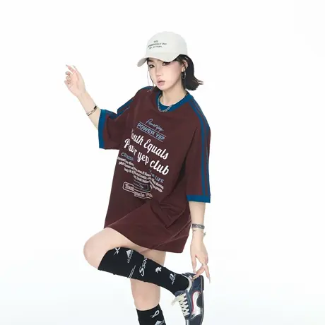 2025夏季新款撞色宽松印花短袖T恤女美式复古街头风情侣半袖上衣商品大图