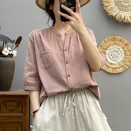 夏季文艺小清新纯棉双层纱中袖条纹衬衫女宽松休闲五分袖上衣百搭商品大图