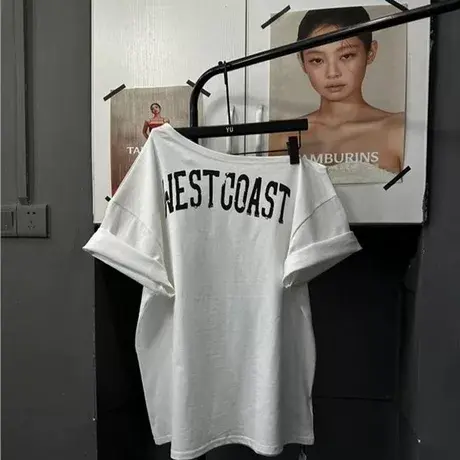 韩国东大门夏季新款时尚印花字母斜领短袖T恤女宽松百搭韩系上衣商品大图