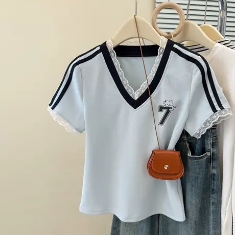 蕾丝拼接v领正肩短袖T恤女夏季修身显瘦韩版条纹撞色半袖上衣潮牌图片