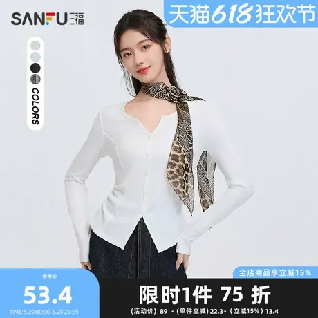 三福长袖T恤2025春季小V领设计褶皱收腰显瘦时尚上衣女装495678商品大图