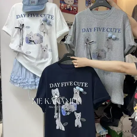 韩国东大门夏季新款韩系宽松可爱狗狗印花立体蝴蝶结短袖t恤上衣商品大图
