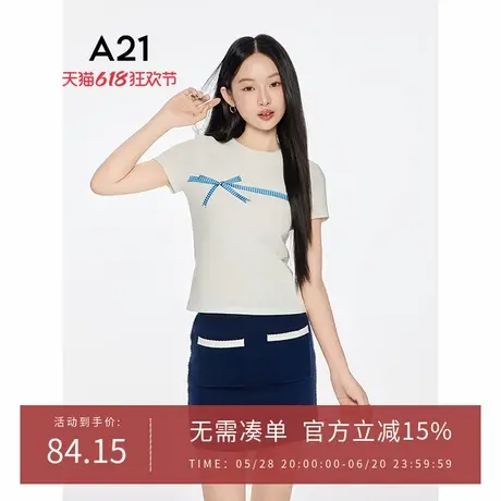 A21女装格子蝴蝶结印花圆领T恤2025夏新款简约修身上衣F452231044图片