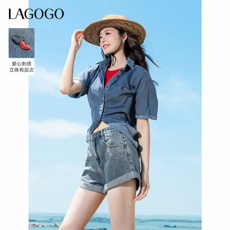 LAGOGO刺绣轻薄短袖牛仔衬衫女拉谷谷2025年夏季新款纯棉休闲上衣商品大图