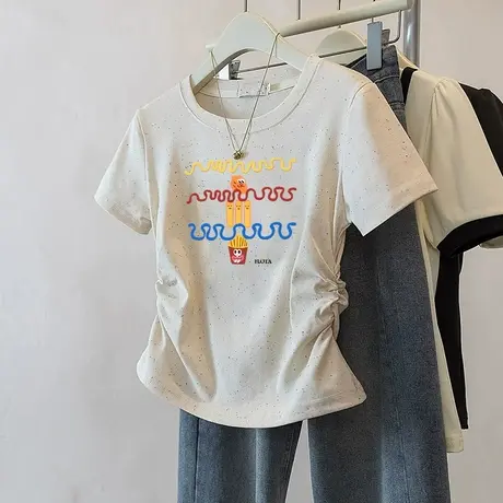 甜美风彩虹波点褶皱收腰短款t恤女夏季新款高腰洋气减龄短袖上衣商品大图