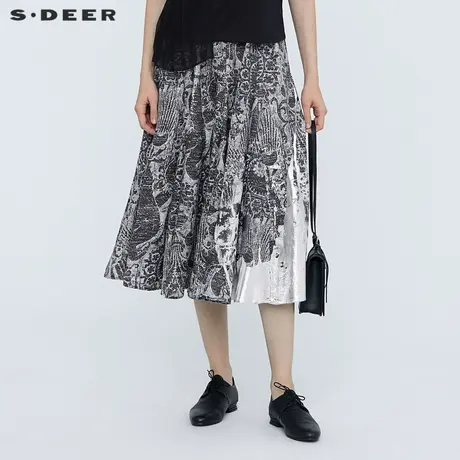 sdeer圣迪奥女装夏季文艺松紧复古图腾印花亚麻半身长裙S21281111商品大图