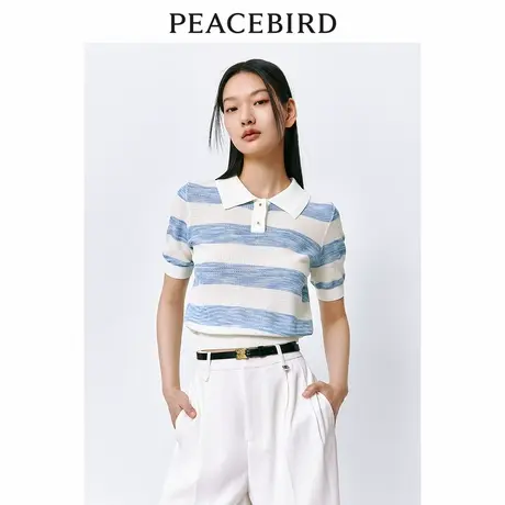 太平鸟条纹polo领短袖针织衫女夏装蓝白条纹肌理感上衣女图片