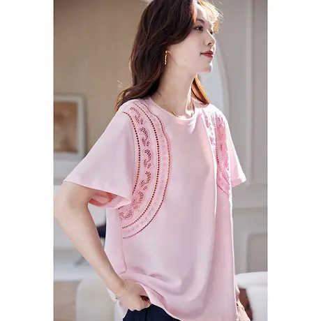 宝诗黎钉珠刺绣镂空短袖T恤2025夏季简约百搭纯色棉质休闲上衣女商品大图