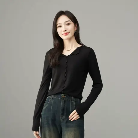 娅丽达优雅荷叶边v领t恤女2025春季新款小上衣显瘦修身长袖打底衫图片