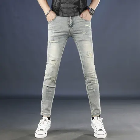 破洞补丁牛仔裤男夏季薄款透气高端潮牌新款修身小脚显瘦显高男裤图片